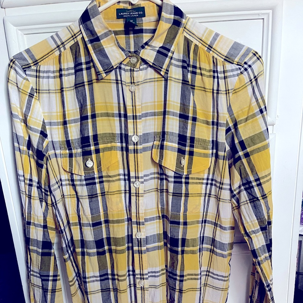 Medium… Women… Lauren Jeans Co. Yellow, black and white button down shirt..